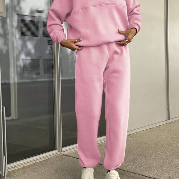 Pink Casual Women's Zipper Half Placket Drop Shoulder Sweatshirt And Jogger Pant - Picture 5 of 6